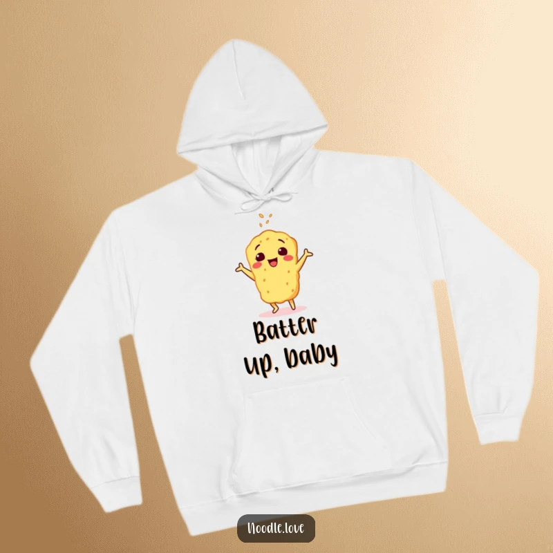 Funny hoodie with a cheerful tempura character performing a happy dance, adorned with a sprinkle of sesame, perfect for cozy fun.