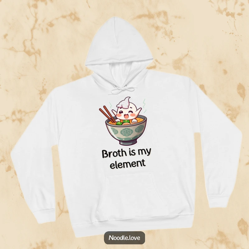 Funny ramen hoodie with a giggling character leaping out of steaming broth, offering warmth and a hilarious noodle-themed experience.