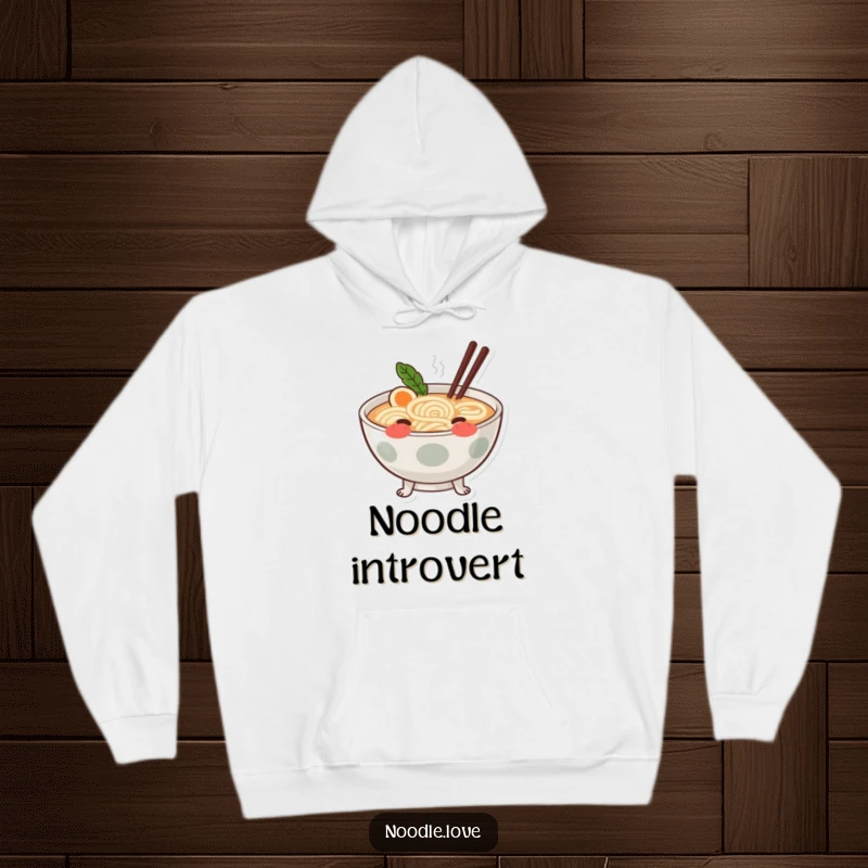 Funny blushing ramen hoodie featuring a shy ramen bowl with tiny noodle legs, blushing sweetly.