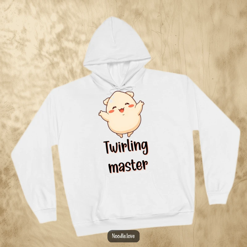 Funny dumpling dancer hoodie featuring a cute dumpling with stubby legs in a joyful, spinning dance pose.