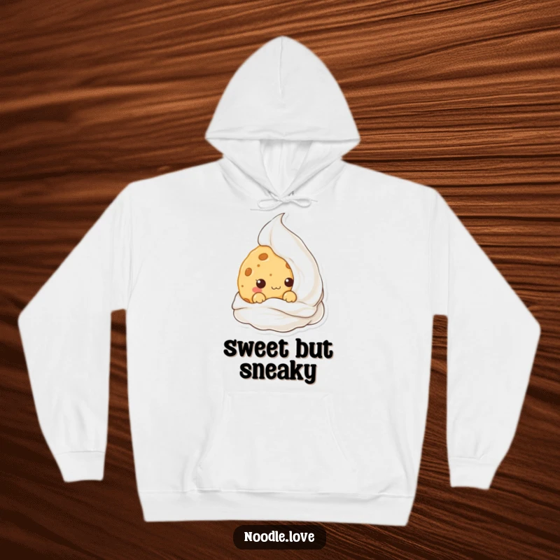 Funny Kawaii cookie hiding behind cream, featured on a warm hoodie, a funny gift for dessert lovers and sweethearts.