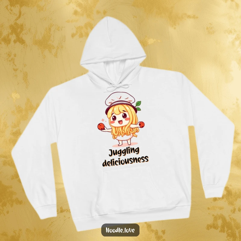 Funny Noodle Character Chef Juggling Meatballs Hoodie - Comfortable apparel for aspiring chefs and foodies, funny gift.
