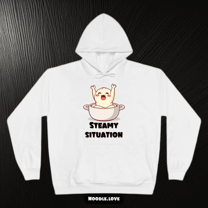 Funny Hoodie: a surprised dumpling comically jumping out of a steaming pot, designed for warmth and dumpling-themed humor.