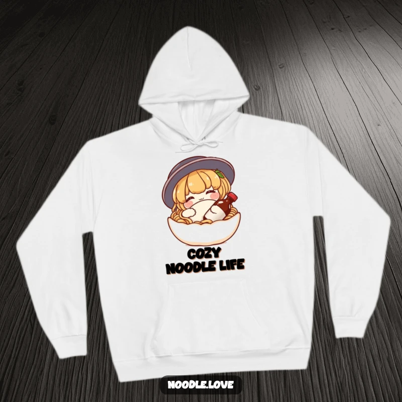Funny noodle hoodie showing a content character snuggling a tiny soy sauce bottle like a pillow, emphasizing warmth and food-themed comfort.
