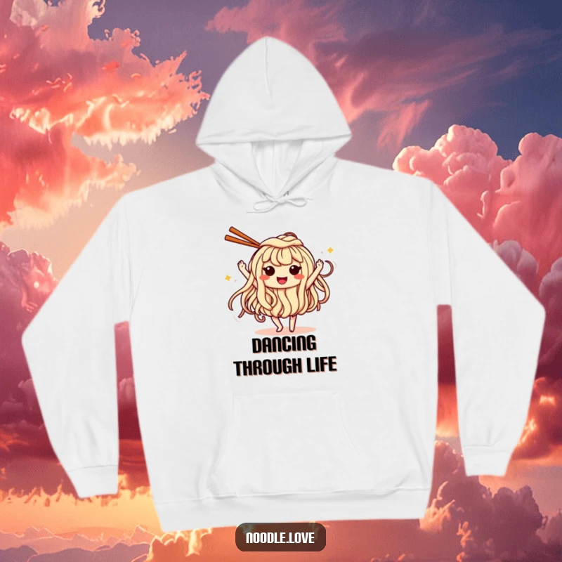 Funny Hoodie: a smiling noodle character with eyes happily dancing with chopsticks, ideal for cozy, humorous wear.