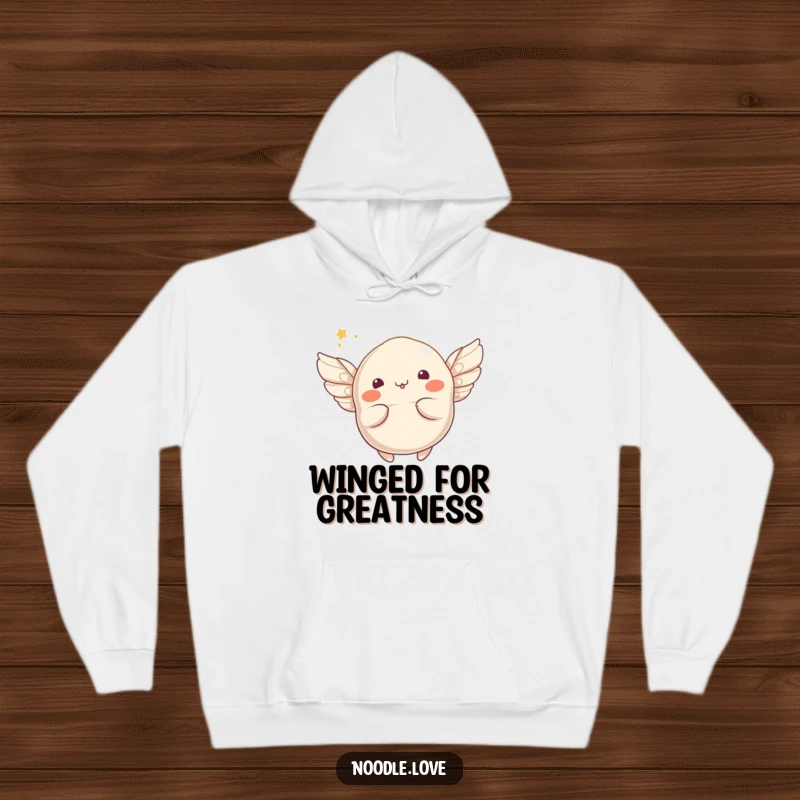 Funny flying dumpling hoodie with a whimsical character sporting tiny wings, symbolizing aspiration and comfort.