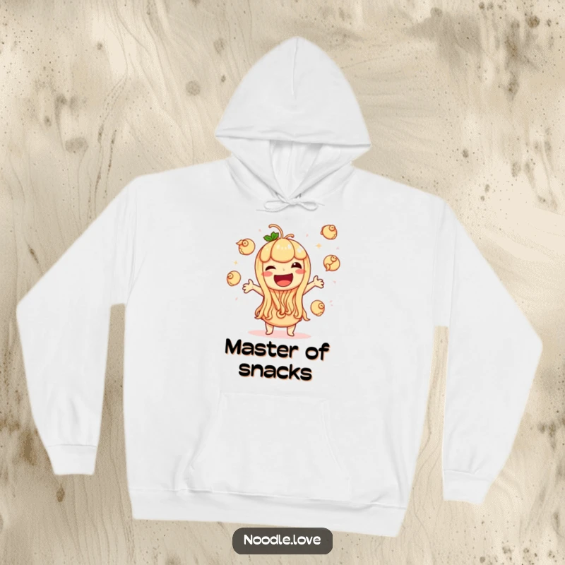 Funny hoodie featuring a noodle character joyfully giggling while juggling tiny dumplings, radiating happiness and comfy vibes.