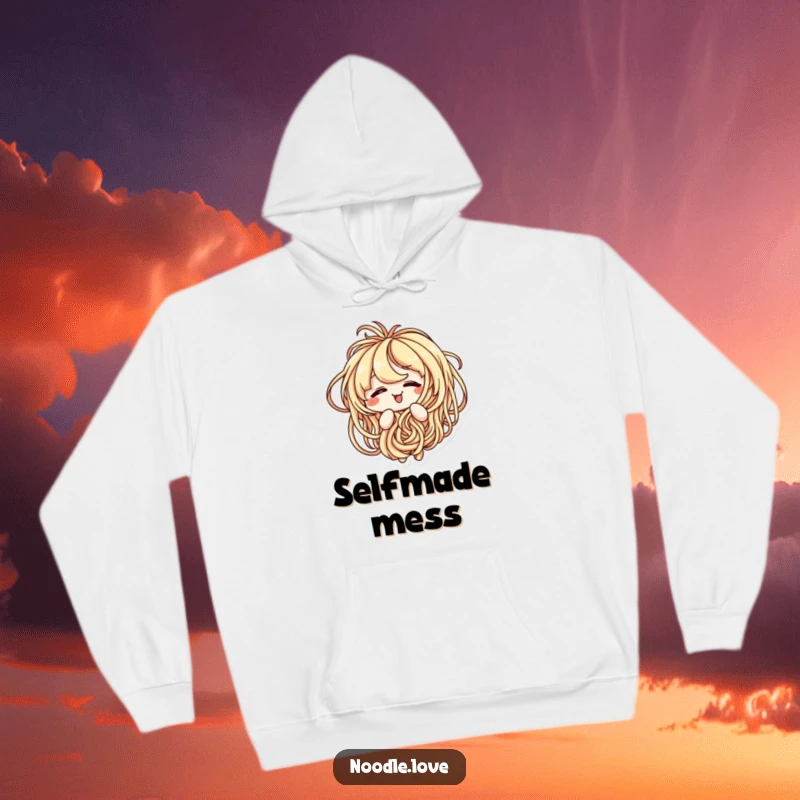 Funny hoodie depicting a noodle character amusingly entangled in its own delicious strands, perfect for cozy laughter.