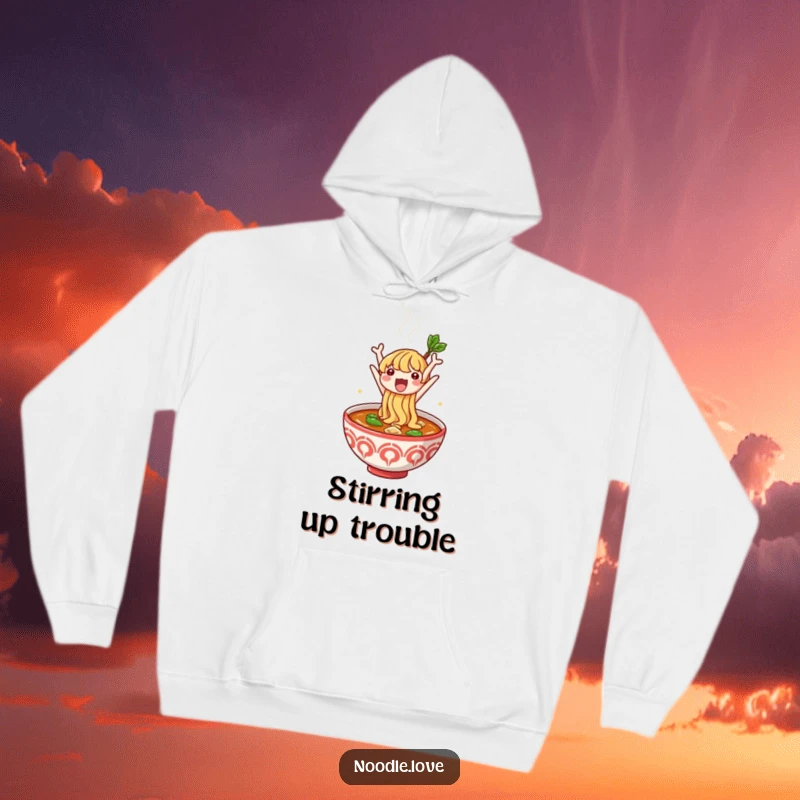 Funny hoodie with a cartoon noodle character joyfully leaping out of a steaming bowl of broth, symbolizing freedom and fun.