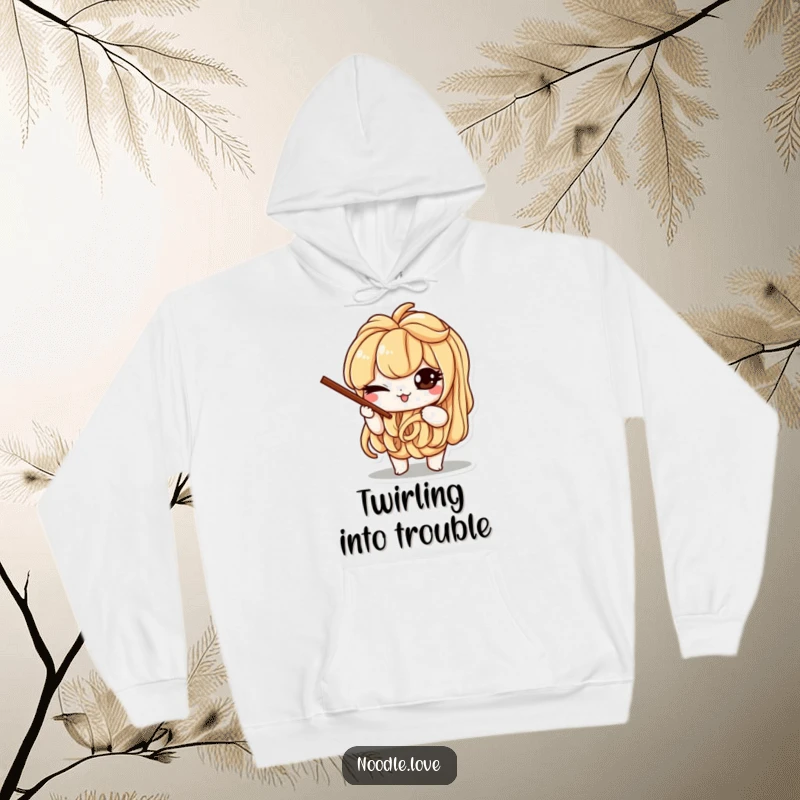 Funny hoodie with a mischievous noodle character winking while balancing tiny chopsticks, offering warmth and culinary humor.