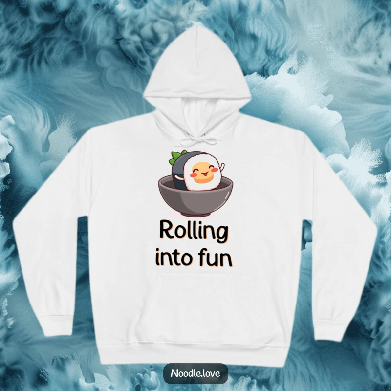 Funny sushi hoodie, a smiling sushi piece with tiny legs leaping into a bowl, cozy food humor.