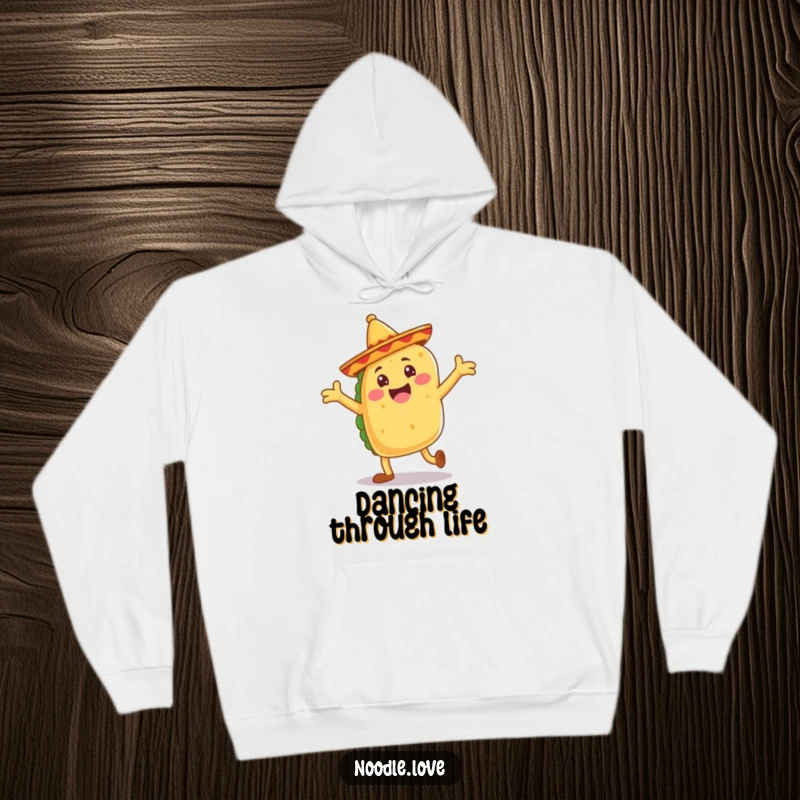 Funny taco hoodie, a jubilant taco with floppy sombrero legs dancing, cozy fiesta humor.