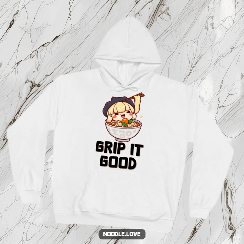 Funny hoodie featuring a kawaii ramen character using chopsticks to playfully grab a floating ingredient, exuding cozy and humorous vibes.