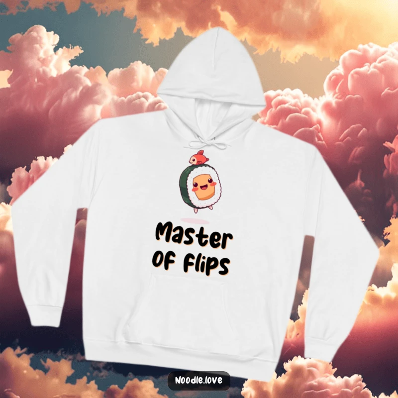 Funny Sushi Hoodie: A happy sushi roll character performing a backflip with a tiny fish, perfect for sushi fans.