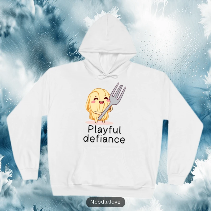 Funny Noodle Tease Hoodie, depicting a playful noodle character grinning mischievously at a giant fork, perfect for cozy foodie moments.