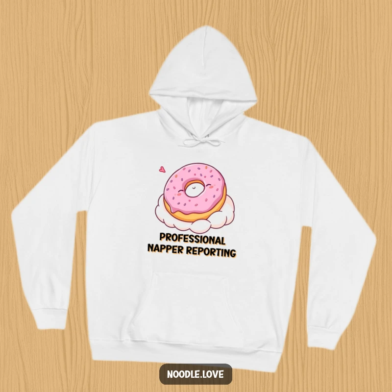 Funny Kawaii donut character enjoying a peaceful nap on a cloud, printed on a warm and humorous hoodie for ultimate comfort.