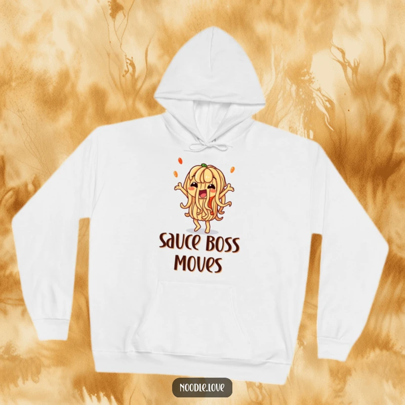 Funny Noodle Hoodie: A noodle doing a silly dance with artistic sauce, offering cozy food fun and a funny gift.