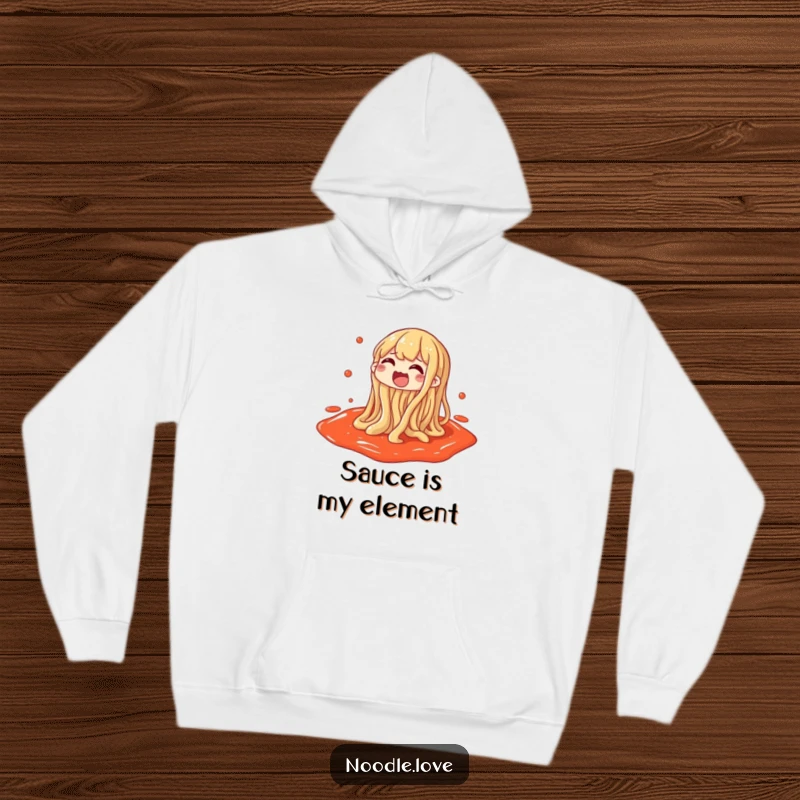 Funny hoodie depicting a noodle character gleefully splashing in a puddle of sauce, perfect for comfort.