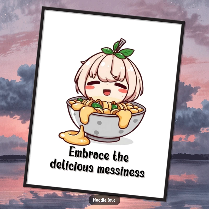 Funny free printable wall art of a happy ramen bowl character spilling slightly, looking endearingly embarrassed and cheerful.