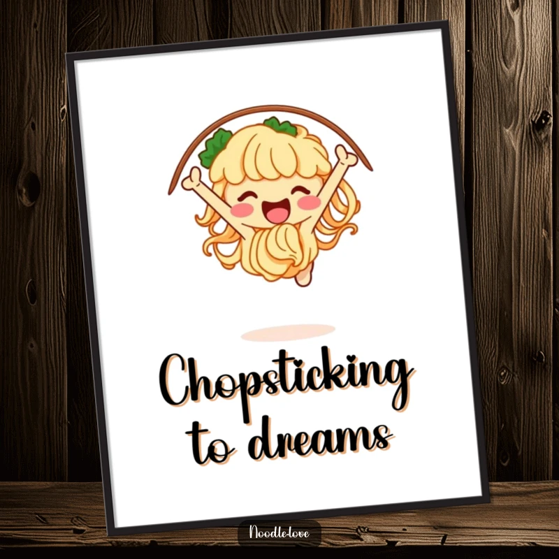 Funny Free Printable Wall Art: A jubilant noodle character jumps with excitement through a hoop of chopsticks.