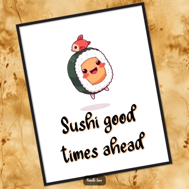 Funny Free Printable Wall Art: A sushi roll character mid-backflip, with a tiny fish on top celebrating the aerial feat.
