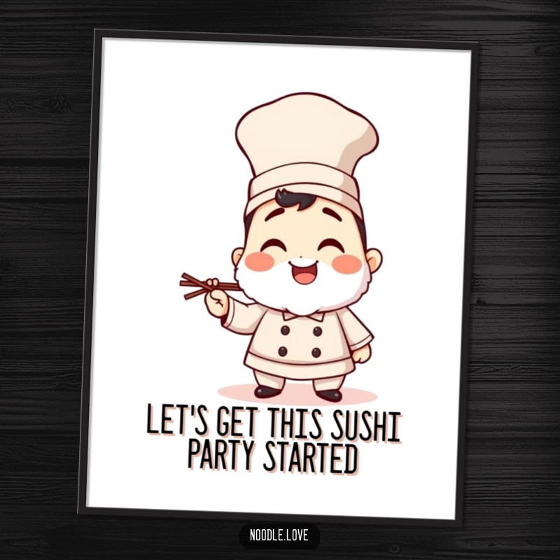 Funny Free Printable Sushi Chef Wall Art, giggling in a tall hat holding chopsticks, a whimsical addition to kitchen decor.