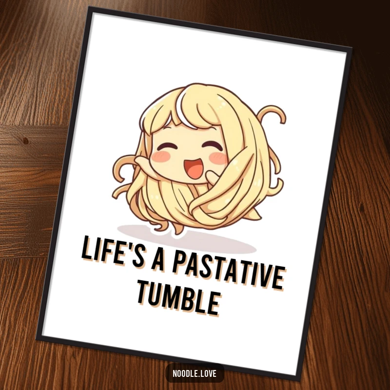 Funny Free Printable Wall Art: Giggling noodle character tumbling playfully, a charming downloadable piece for whimsical decor.