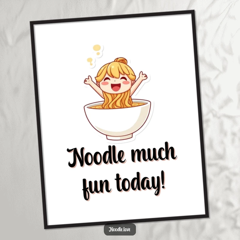 Free Printable Wall Art: Smiling noodle character performing a joyous leap out of a steaming bowl of soup.