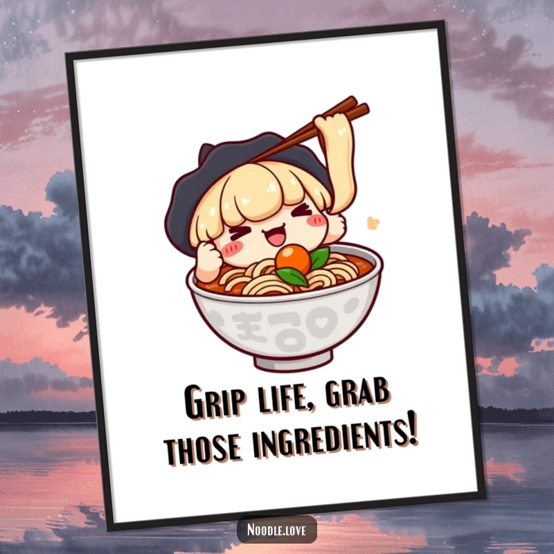 Funny Free Printable Wall Art: Kawaii ramen character playfully using chopsticks to catch a floating food item, whimsical art.