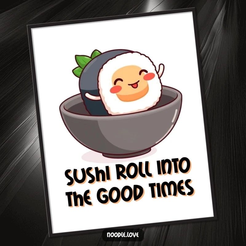 Funny Free Printable Wall Art: Smiling sushi with tiny rolling legs leaping into a bowl, playful decor.