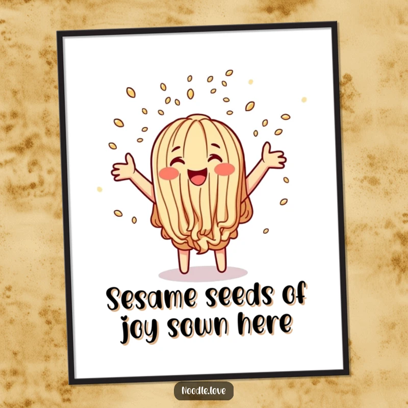 Funny free printable wall art depicting a gleeful noodle character throwing a party with sesame seed confetti, pure joy.