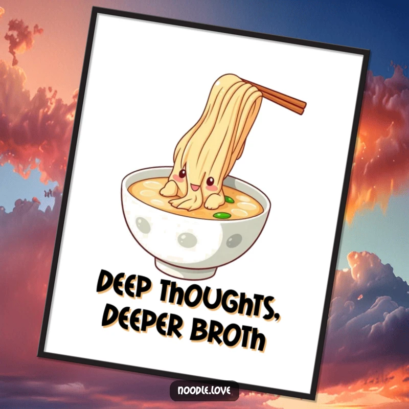 Funny Free Printable Wall Art: Noodle character in a theatrical dive into a bowl of broth, capturing a moment of delicious abandon, a unique download.