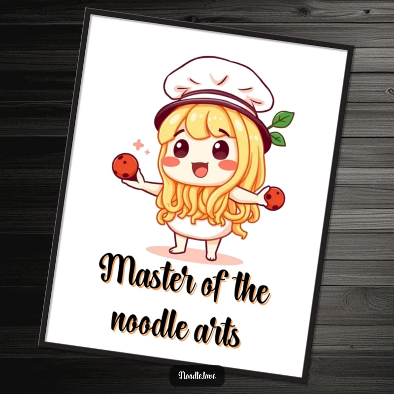Funny Free Printable Wall Art: Noodle character in a chef hat, juggling meatballs skillfully. A fun downloadable art.