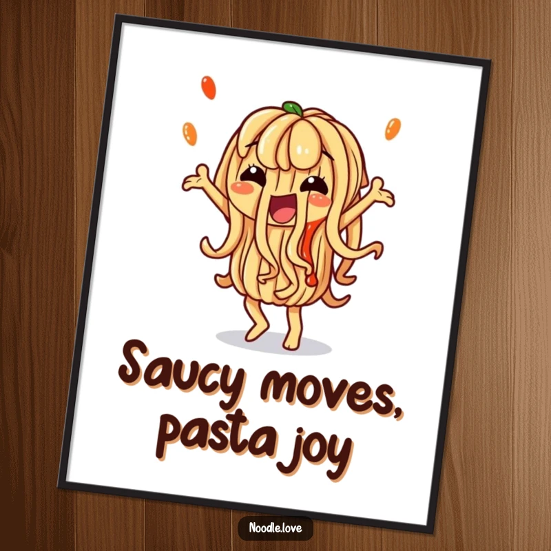 Funny Free Printable Wall Art: A noodle character performs a hilariously silly dance with artistic sauce drizzles.