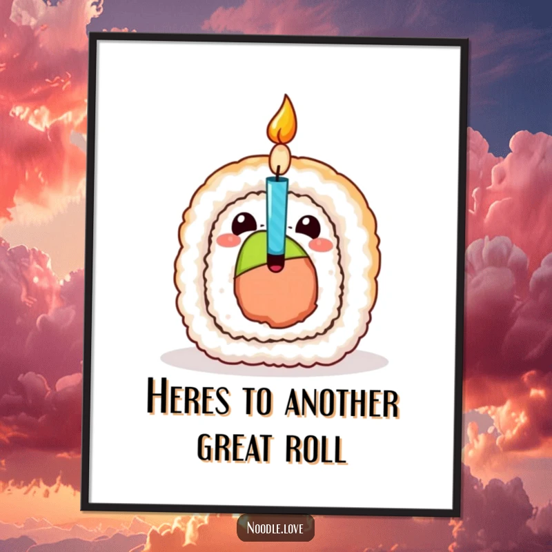 Funny Free Printable Wall Art: Sushi roll character bursts open revealing a birthday candle, a whimsical and playful piece, a unique download.