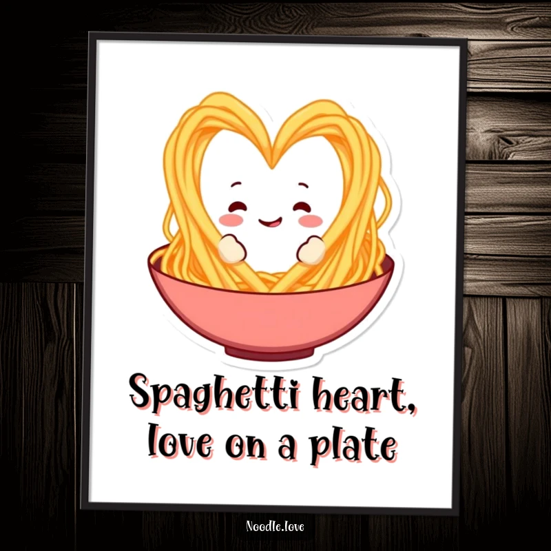 Funny free printable wall art: A playful spaghetti character forming a loving heart shape in a delicious bowl of pasta.