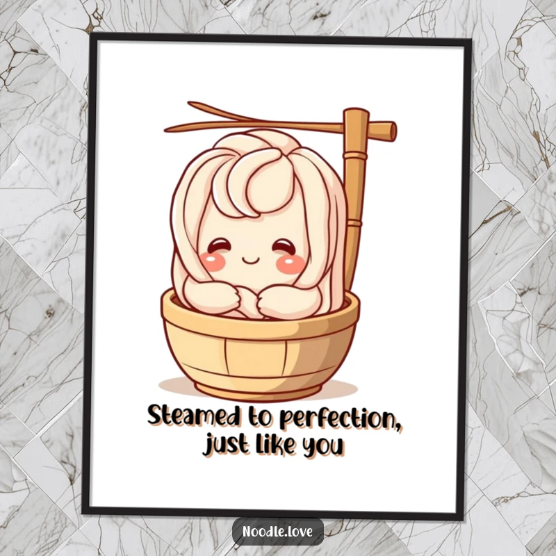Funny Free Printable Wall Art: A smiling udon noodle character joyfully embracing a bamboo steamer.