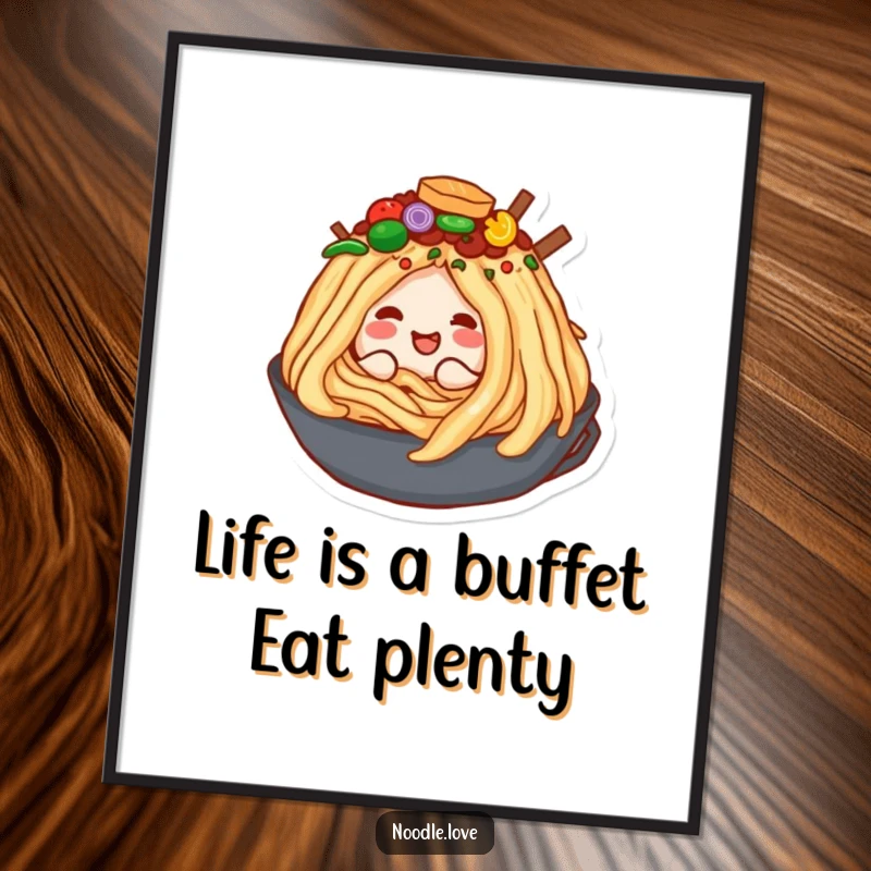 Funny Free Printable Wall Art: A joyful noodle character happily burrowing deep into a massive, colorful mountain of appetizing toppings.