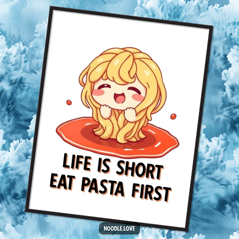 Funny Free Printable Wall Art: A jubilant noodle character giggling uncontrollably while splashing in a delicious puddle of sauce.