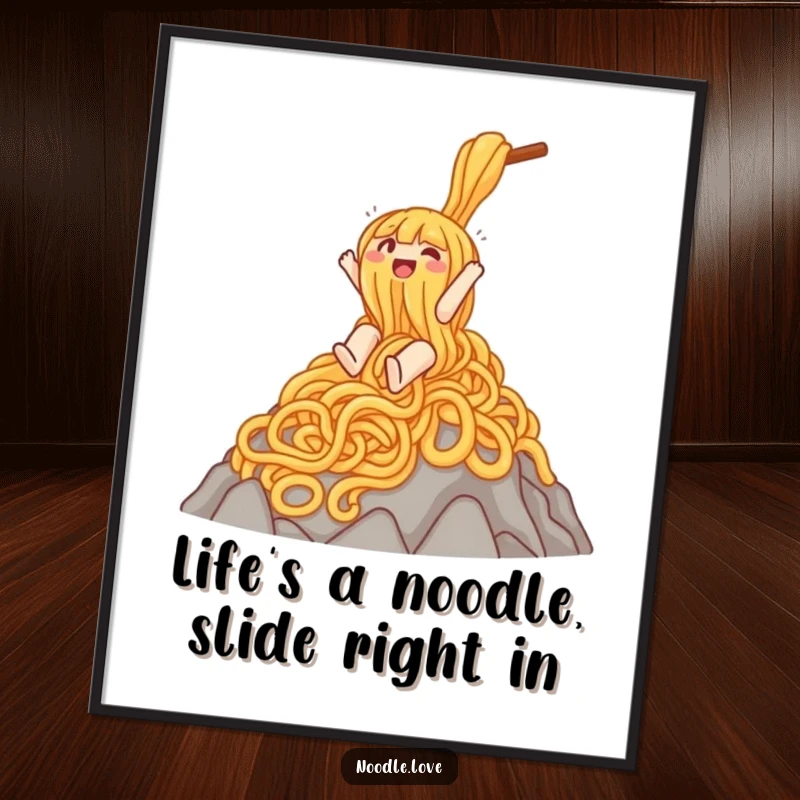 Funny free printable wall art of a noodle character gleefully sliding down a vast mountain of noodles, a scene of pure joy.