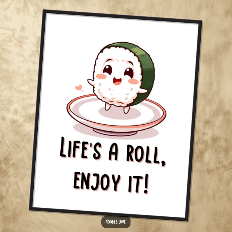Funny Free Printable Wall Art: Smiling sushi character spinning happily on a plate, creating a delightful visual.
