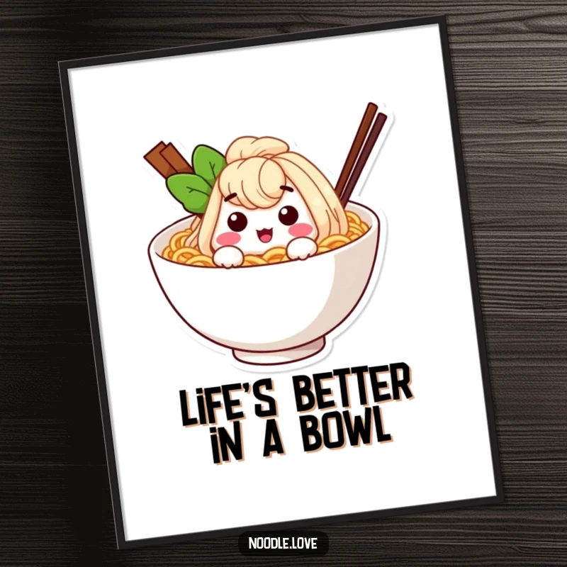 Funny Free Printable Wall Art: A happy ramen noodle character playfully winking from inside a cozy bowl.