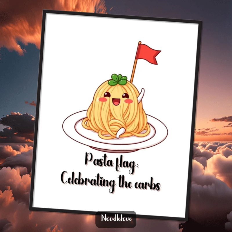 Funny Free Printable Wall Art: A beaming noodle sits on a plate, waving a tiny flag with joy, for humorous food decor.
