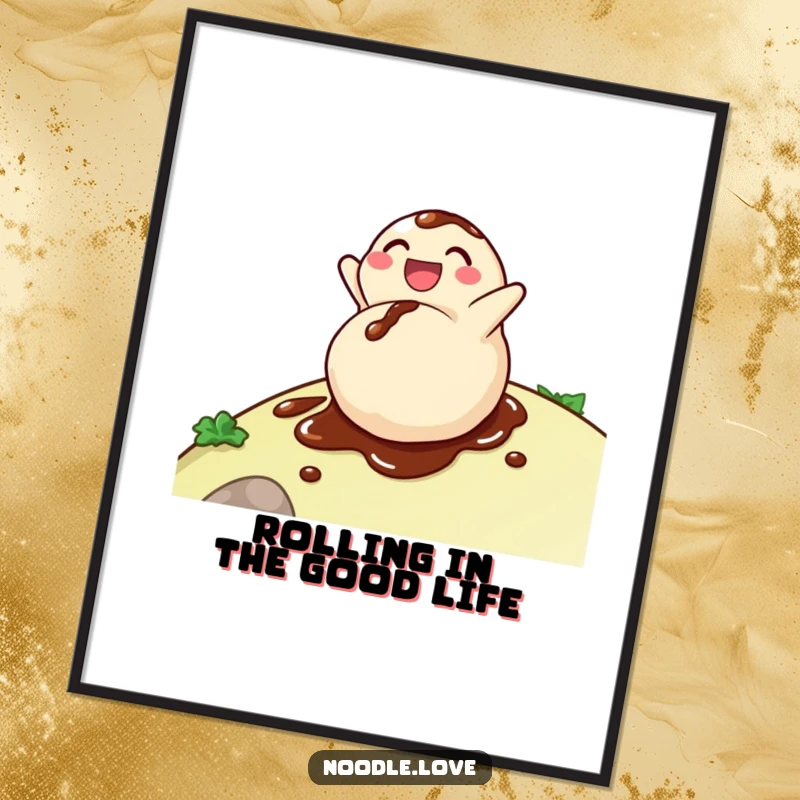 Funny Free Printable Wall Art: A delighted dumpling character joyfully rolling down a hill, drizzled with soy sauce. Quirky, downloadable food art.