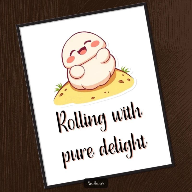 Funny Free Printable Wall Art: A giggling Kawaii dumpling character in a state of pure bliss, rolling down a hill.