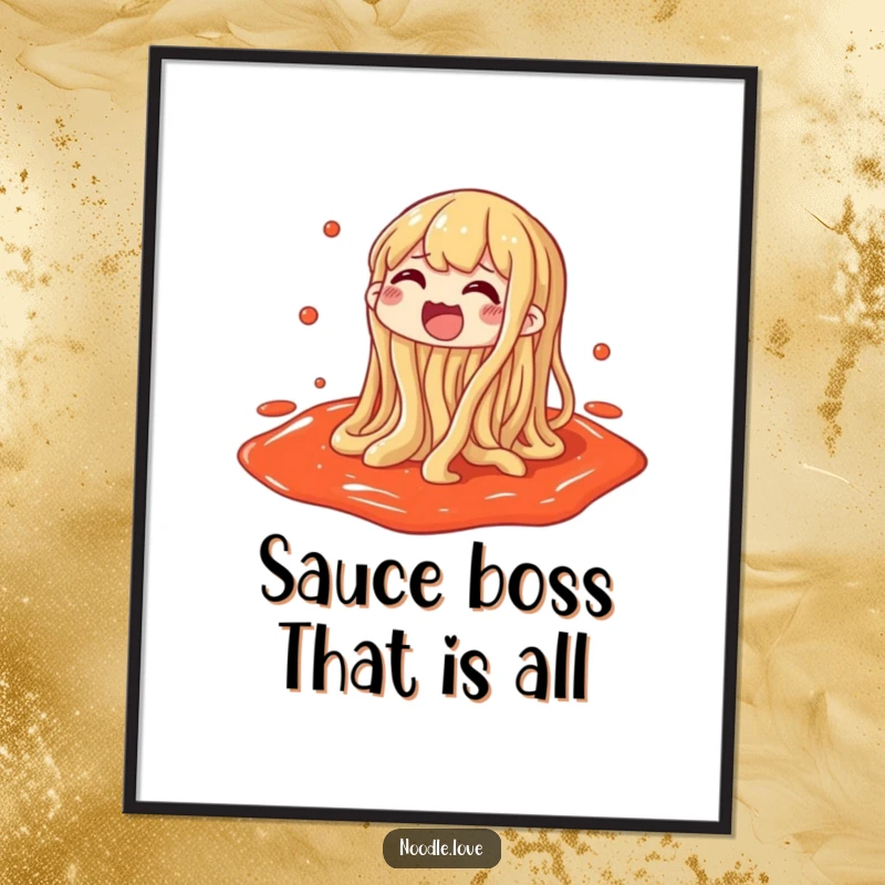 Funny Free Printable Wall Art: Noodle character gleefully splashing in a sauce puddle, a whimsical downloadable piece.