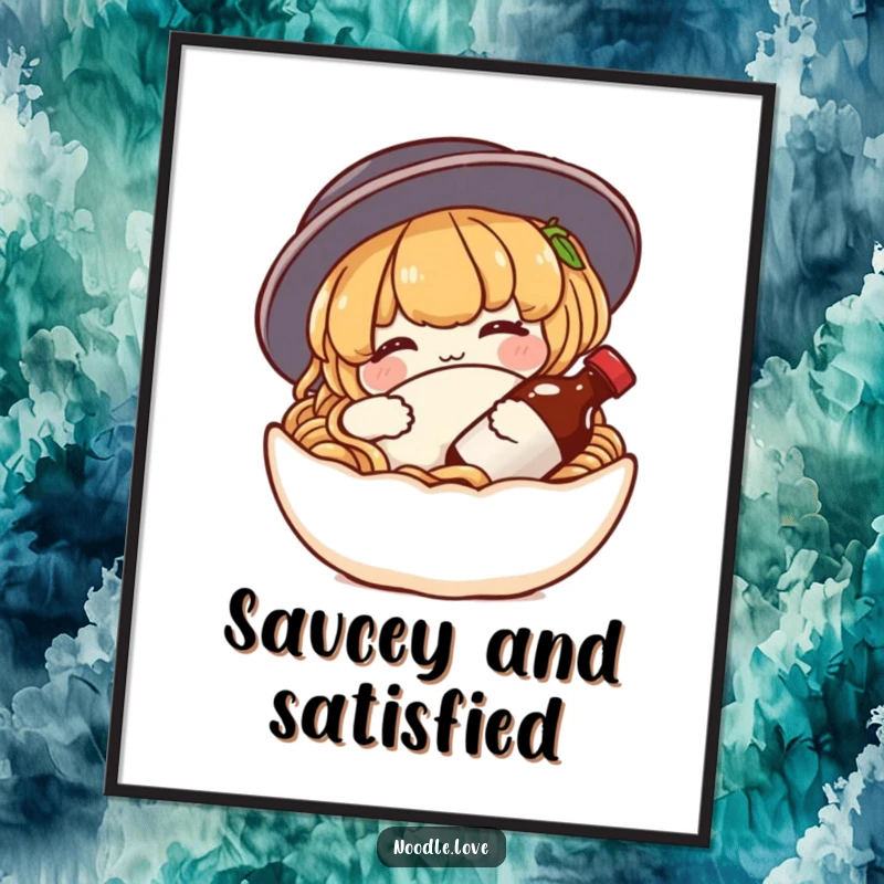 Funny Free Printable Wall Art: A content noodle character snuggles with a tiny soy sauce bottle like a pillow.