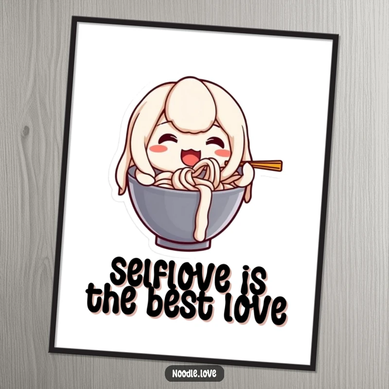Funny Free Printable Wall Art showcasing an anthropomorphic udon noodle character in a state of pure bliss, happily slurping itself.