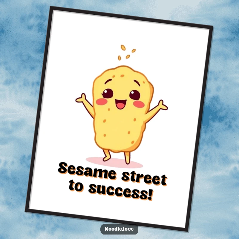 Funny Free Printable Wall Art: Cheerful tempura character doing a happy dance, sprinkled with sesame seeds, vibrant art.