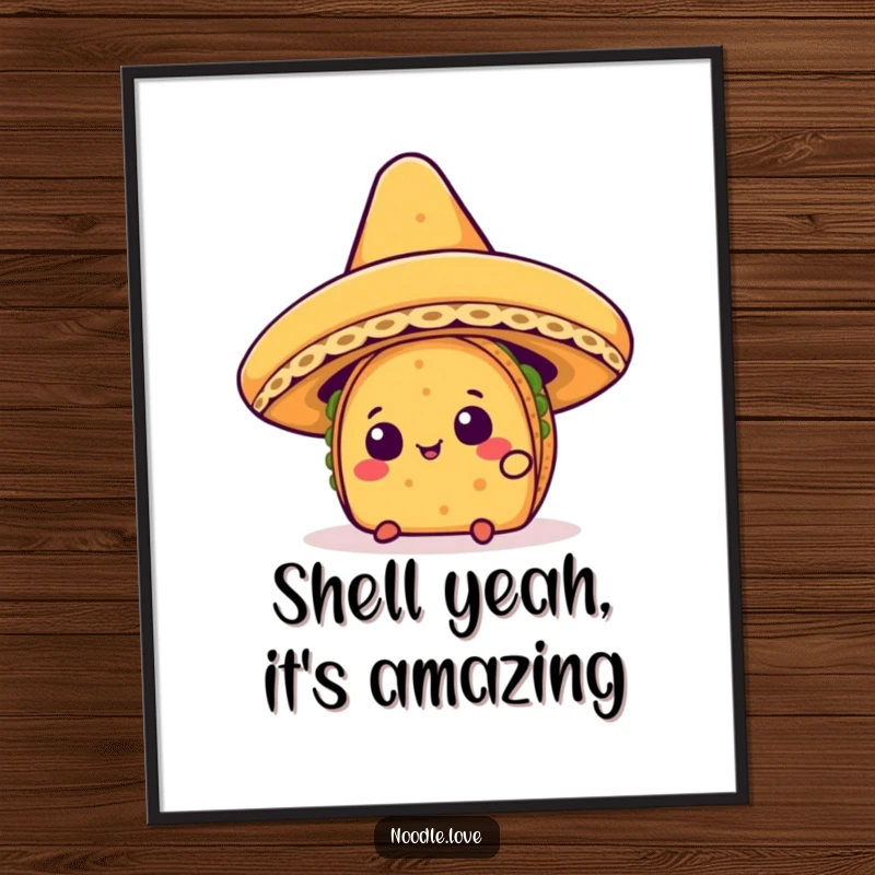 Funny Free Printable Wall Art: A Kawaii taco character peeking from under a giant, festive sombrero with a curious expression.